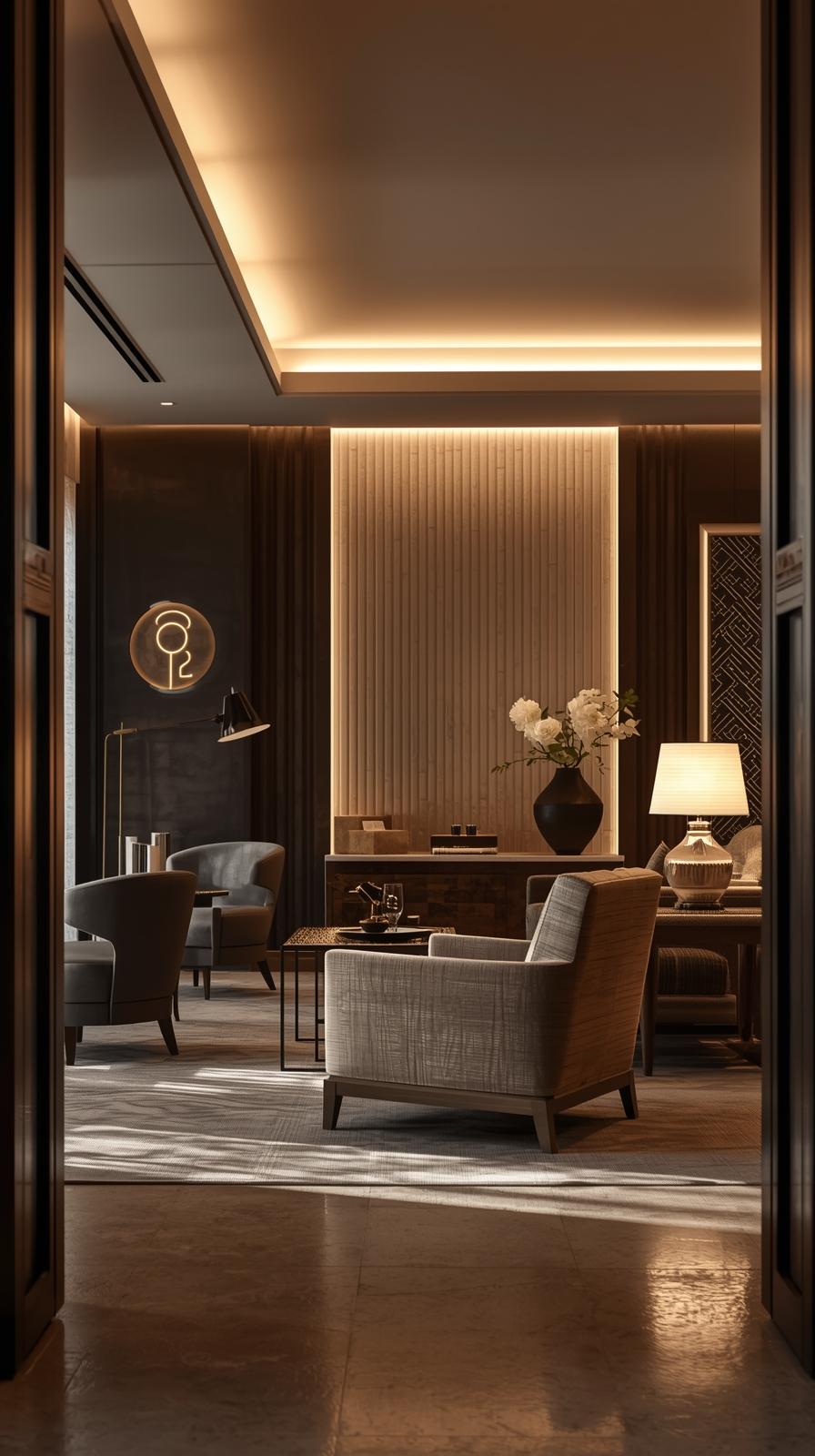 a stylish hotel lobby or modern furnished guestroom size 380 by 520 pixels